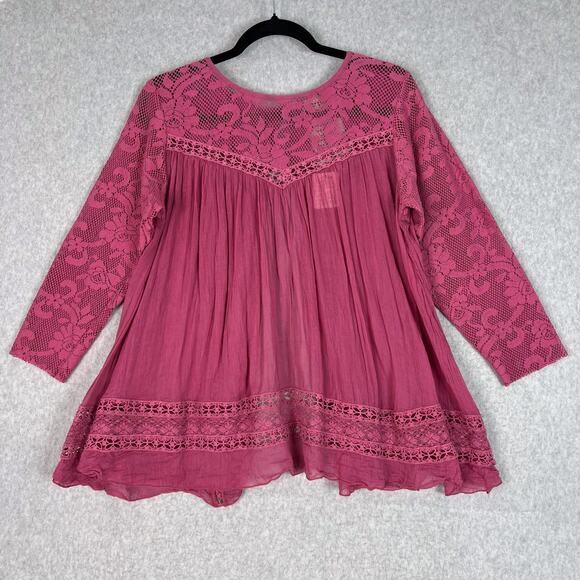 Free People One Pink Golden Age Lace Long Sleeve Open Back Top Size Medium - Picture 1 of 10